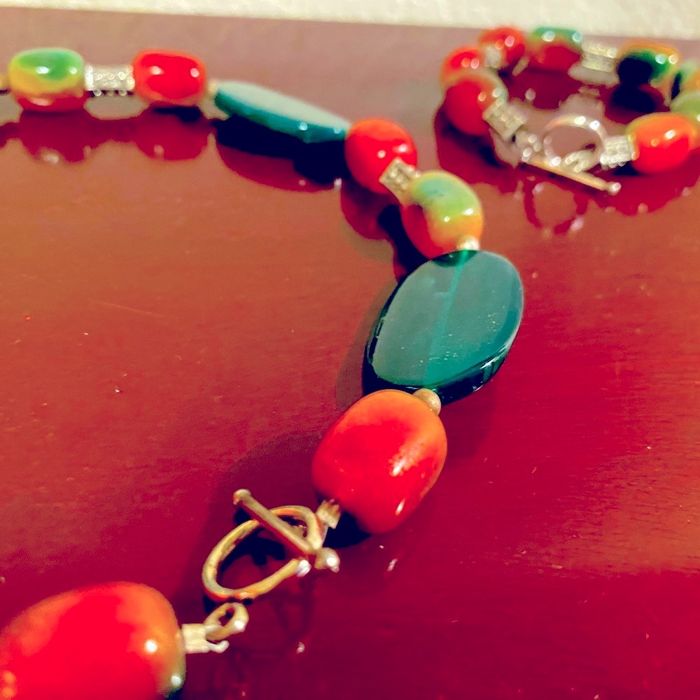 Aventurine and Carnelian necklace. silver accent slides. **Includes bracelet